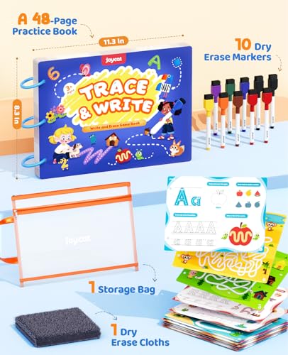 JoyCat Preschool Learning Activities 48 Reusable Pages for 3-8 | Handwriting Practice for Kids Toddlers, Tracing Letter Number Workbooks, Educational Autism Busy Book, Learning Gift Toys - style: 1. Trace & Write