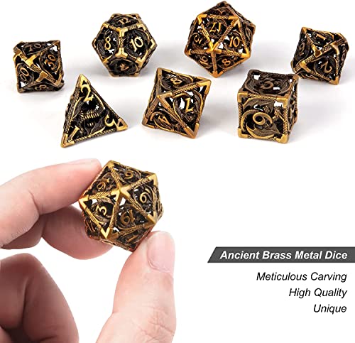 DND Dice,Hollow D&D Metal Dice,Dungeons and Dragons Dice Set with Gift Box,7 PCs Steampunk Polyhedral Dice Games Set for RPG,MTG,Pathfinder,(Dragon Ancient Golden) - color: Dragon Ancient Golden