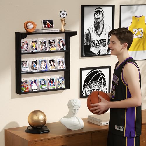 Emfogo Trading Card Display Stand for Wall, 3 Tier Wooden Graded Card Display Stand, Sports Card Display Case, Trading Card Stands for Display Collection, Black