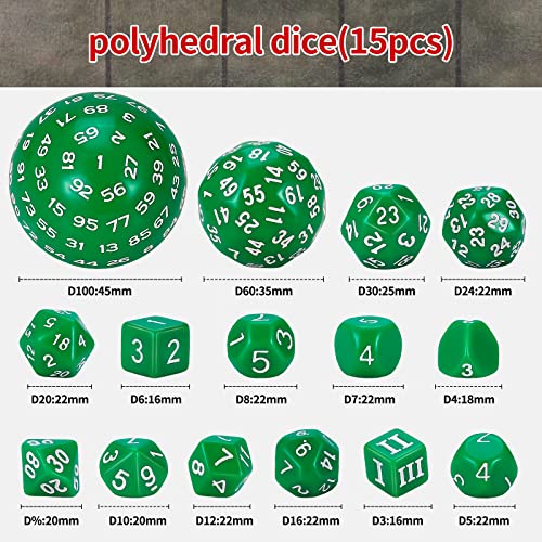 CiaraQ DND Polyhedral Dice Set (15pcs) D4-D100 Game Dice with Dice Bag | Acrylic Role Playing Dice for Dungeons and Dragons MTG Table Games (Green & White) - color: Green & White