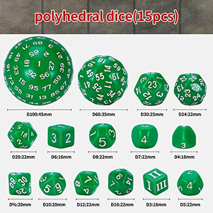 CiaraQ DND Polyhedral Dice Set (15pcs) D4-D100 Game Dice with Dice Bag | Acrylic Role Playing Dice for Dungeons and Dragons MTG Table Games (Green & White) - color: Green & White