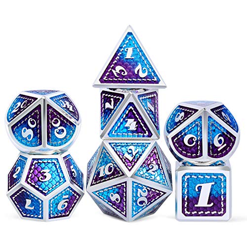 Dragon Scale Metal Dice Set D&D, DNDND 7 PCS Metallic Dungeons and Dragons with Gift Metal Case DND Dice (Blue and Purple with Silver Edge) - color: Blue and Purple With Silver Edge