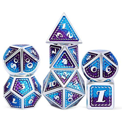 Dragon Scale Metal Dice Set D&D, DNDND 7 PCS Metallic Dungeons and Dragons with Gift Metal Case DND Dice (Blue and Purple with Silver Edge) - color: Blue and Purple With Silver Edge