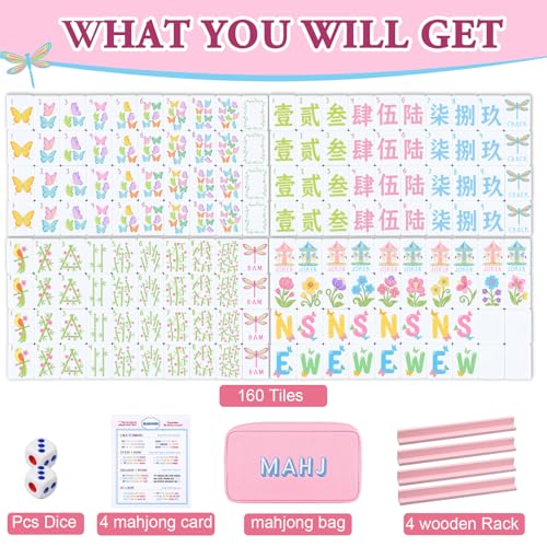 Soulchen Mini American Mahjong Tile Set Include 160 0.8 Inch Mahjong Tiles 2 Dice 4 Wooden Rulers 1 Accessory Bag 4 Beginner Rule Cards (Butterfly & Floral) - style: Butterfly & Floral