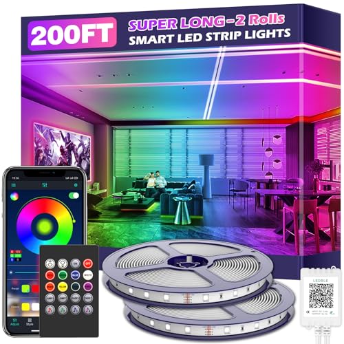 Led Strip Lights,Long Smart Led Light Strips Music Sync 5050 RGB Color Changing Rope Lights,Bluetooth APP/IR Remote/Switch Box Control Led Lights for Bedroom,Home Decoration,Party,Festival (200FT) - size: 200FT