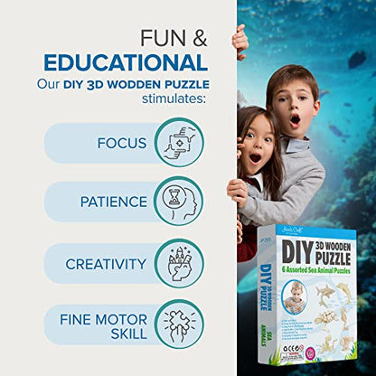 Hands Craft DIY 3D Wooden Puzzle – 6 Assorted Sea Animals Bundle Pack Set Brain Teaser Puzzles Educational STEM Toy Adults and Kids to Build Safe and Non-Toxic Easy Punch Out Premium Wood JP2B5 - color: Sea Animals