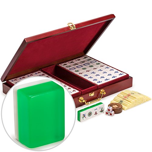 Yellow Mountain Imports Classic Chinese Mahjong Game Set, Emerald with 148 Medium-Size Translucent Green Tiles and Wooden Case - color: ['Emerald']