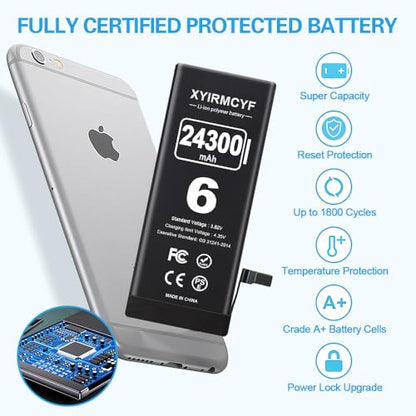 XYIRMCYF 24300mAh Super Capacity Battery Compatible with iPhone 6/6G, New 0 Cycle Li-Polymer Replacement Battery for iPhone 6/6G, with Professional Repair Tool Kit - color: 6-24300
