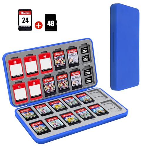 FYY Nintendo Switch Game Case Holder for Switch 2 Cartridge, Blue | 24 Game Card Slots & 48 Micro SD Card Slots, Hard Shell, Silicone Lining - color: A-Blue