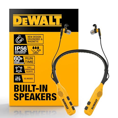 DEWALT 튼튼한 투인원 넥밴드 블루투스 헤드폰, 내장 스피커 포함, Jobsite 웨어러블 스피커 및 어라운드 넥 헤드폰, 무선 블루투스 헤드셋, 60시간 이상 핸즈프리 음악/통화, 휴대용 파우치 - color: 옐로우와 블랙.