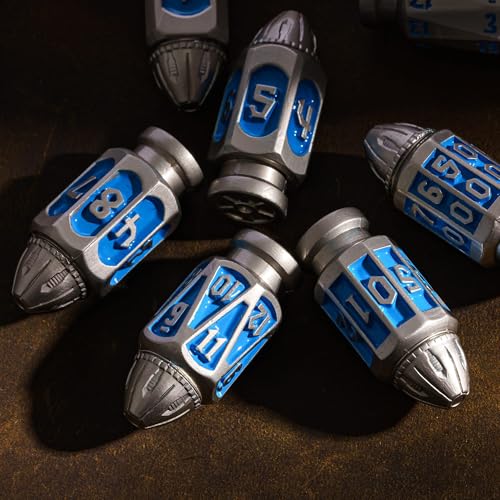 UDIXI Metal DND Bullet Dice Set, D&D Metal Bullet Polyhedral Dice Set Blue | 7PCS, Cool Style, Magazines Container and PU Leather Bag, for RPG Dungeons and Dragons Role Playing Games and Tabletop Games - color: Blue