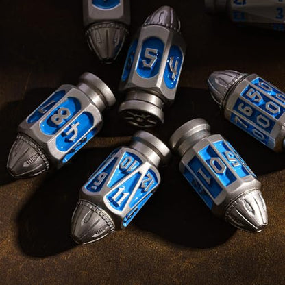 UDIXI Metal DND Bullet Dice Set, D&D Metal Bullet Polyhedral Dice Set Blue | 7PCS, Cool Style, Magazines Container and PU Leather Bag, for RPG Dungeons and Dragons Role Playing Games and Tabletop Games - color: Blue