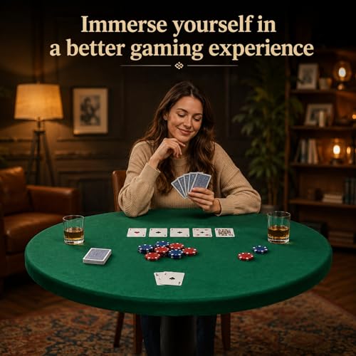 Green 36 Inch Felt Card Game Tablecover Round 36in to 48in Tablecloth Poker Table Cover Elastic Table Mat Fitted Bridge Card Mahjong Dominoes and Casino Game Night Topper Cloth Protecto