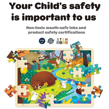 48 Piece Puzzles for Kids Ages 4-8, Forest Animals Wooden Jigsaw Puzzles for Toddlers 4 Year Old, Preschool Educational Puzzle Ages 3-5 with Tray - style: 48 Piece