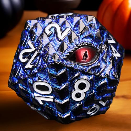 1 die Metal D20 DND Dice - Dragon Scale Metallic 20 Sided Giant Polyhedral Dice,35mm Large Dragon Eye Metal D&D Dice for Dungeons and Dragon Tabletop Game(Blue Glitter Dragon Scale) - color: Blue Glitter Dragon Scale