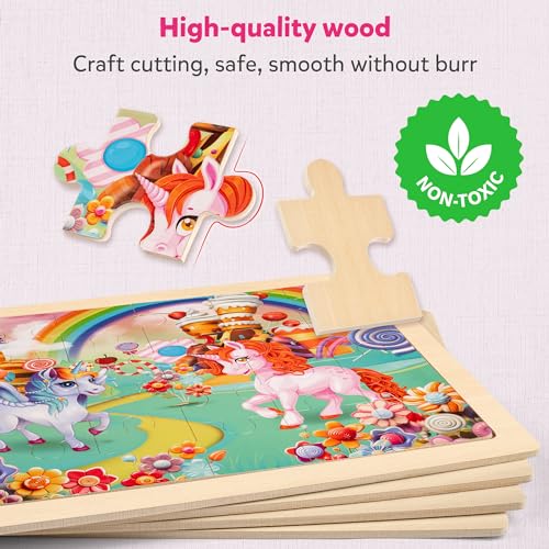 SYNARRY Large Unicorn Princess Fairy Wooden Puzzles for Girls Gift Box(12.2 * 9.4 in), 24 Pcs Puzzles for Kids Ages 4-6, Wood Puzzles for Kids Ages 3-5, Easter Basket Stuffers Gifts for Kids - style: Unicorn