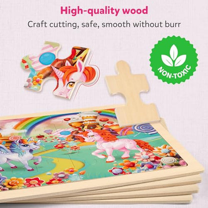 SYNARRY Large Unicorn Princess Fairy Wooden Puzzles for Girls Gift Box(12.2 * 9.4 in), 24 Pcs Puzzles for Kids Ages 4-6, Wood Puzzles for Kids Ages 3-5, Easter Basket Stuffers Gifts for Kids - style: Unicorn