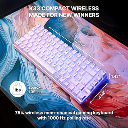 K33 Compact Wireless, 75% Mem-chanical Gaming Keyboard, Multi Device, Bluetooth, 2.4 GHz & Wired Mode, RGB-Lighting, IP54 Dust & Splash-Resistant (White) - color: White