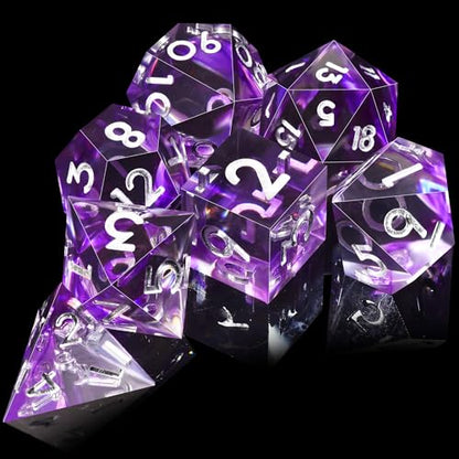 AUSTOR 7-Die DND Dice Set Handmade Sharp Edge Polyhedral Dice for Dungeons and Dragons D&D RPG MTG Table Games (Black & Violet, Silver) - color: Black & Violet，silver