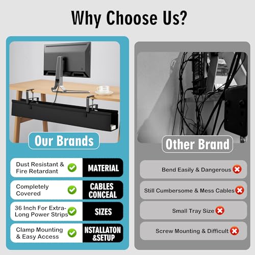 Desk Cable Management Tray, Fabric Cable Organizer, No Drill Large Clamp/Screw Mount Wire Organizer-Support Up to 30lbs, Standing Desk Cable Management for Office Home (Black,28 Inch)