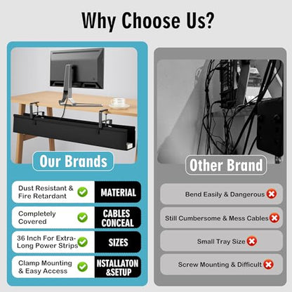 Desk Cable Management Tray, Fabric Cable Organizer, No Drill Large Clamp/Screw Mount Wire Organizer-Support Up to 30lbs, Standing Desk Cable Management for Office Home (Black,28 Inch)