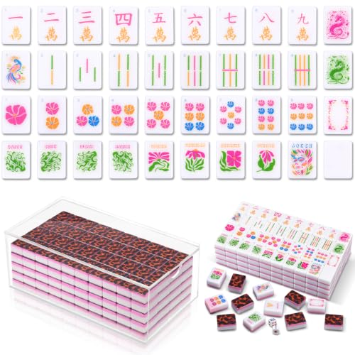 Soulchen 160 Tortoise Kaleidoscope American Mahjong Tile Set with Acrylic Storage Box & Dice 1.2" 3D Engraved Tiles for Adults Friends Family Game Night Mahjong Travel Size Chinese Game Gifts - style: Tortoiseshell
