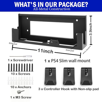 Wall Mount for PS4 Slim with 2 Detachable Controller Holder and 1 Headphone Stand, PS4 Accessories,Compatible with PlayStation 4 Slim(Mounts PS4 Slim by TV)