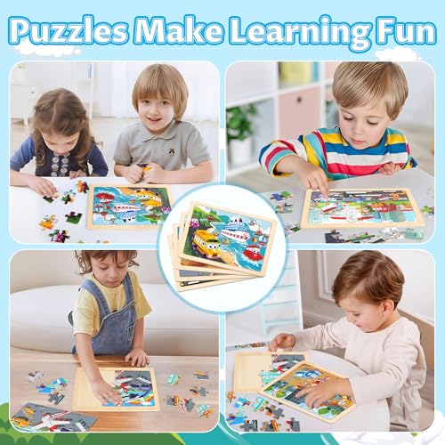 Wooden Puzzles for Kids Ages 3-5, 4 Packs Puzzles for Kids Ages 4-6, 24-Piece Truck Vehicle Wood Jigsaw Puzzles for Toddlers 3-5,Preschool Educational Toys Gifts for Children Ages 4-8 Boys (Vehicle)
