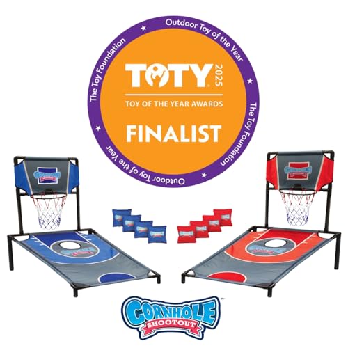 Sports Basketball Net Cornhole Board Set, Basketball & Cornhole in One, Includes 8 Red/Blue Bean Bags, Convenient Carrying Case, Tailgating Fun
