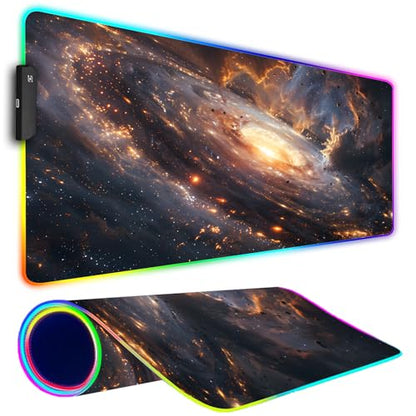 RGB Gaming Mouse Pad, Large Mousepad with Led Light, Gaming Accessories Keyboard Pad for Desk, Non-Slip Rubber Base Big Mouse Mat for Gamer, 31.5 X 11.8 Inch, Golden Galaxy - color: 12 Golden Galaxy