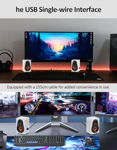 White Computer Speakers, White Wooden Desktop Speakers with Dual Diaphragms,12W USB High-Fidelity Stereo for PC, Laptop, Monitor, Tablet – USB Powered with Built-in Audio Output