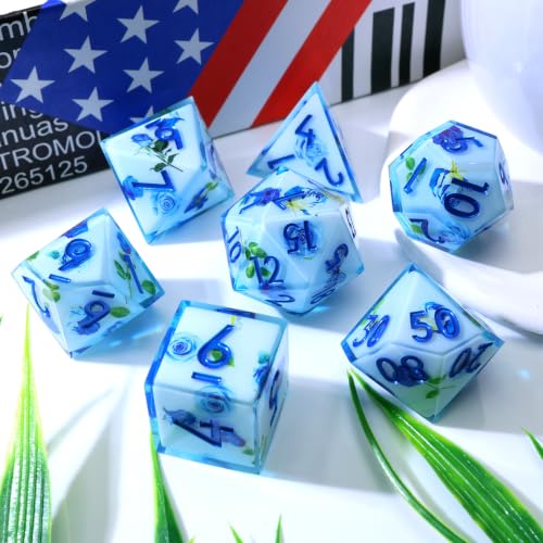 XENOLUX Resin DND Dice Set, Polyhedral RPG Dice for Dungeons and Dragons, Blue Rose Design for Tabletop Board Games (L3) - color: L3