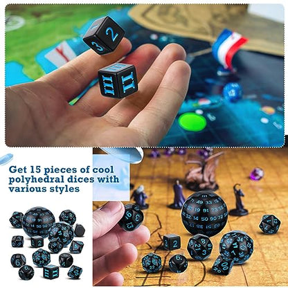 Civaner 15 Pcs Complete Polyhedral Dice Set D3-D100 Spherical RPG Dice Set in Opaque Black, 100 Sides for Role Playing Table Games Party Supplies(Black and Blue) - color: Black and Blue