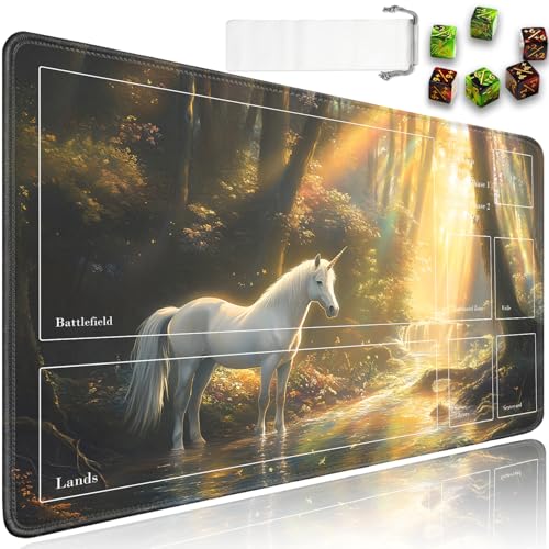 for MTG Playmat with Zones, for TCG Playmat and Board Game Mat with Storage Bag and 6 Dice, 24x14in Non-Slip for MTG Mat, White Horse in The Forest Pattern Magic Trading Card Mat Mousepad - color: Jv-playmat-p7-2k-d115