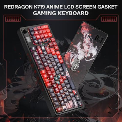 Redragon K719 PRO Wireless Gasket Gaming Keyboard w/Hype Screen & Knob, 95 Keys Mechanical Keyboard, Easy-Control 1.14’’ TFT Info Display, 5-Layer Noise Dampening, Custom Linear Switch, Anime Edition - color: Ember Queen