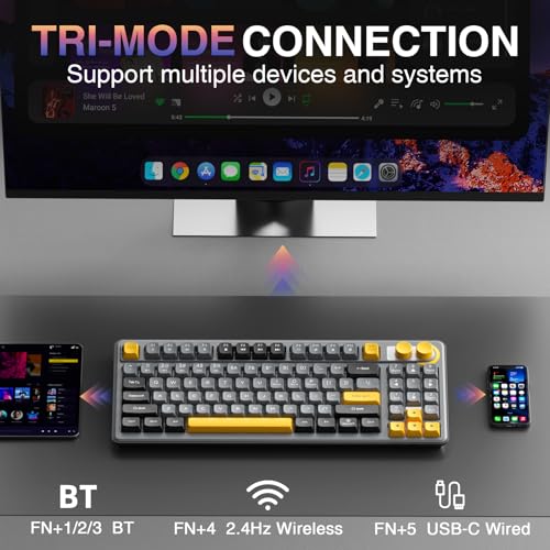 SOLAKAKA SK90 75% Wireless Gaming Keyboard - 4000mAh Tri-Mode (BT5.0/2.4G/USB-C) Cute Creamy Gaming Keyboard with Number Pad, Media Knob, RGB Backlit, Quiet Keys Silent Office Keyboards for PC MAC - color: Gray Black, size: SK90 - Wireless