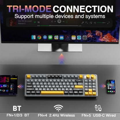 SOLAKAKA SK90 75% Wireless Gaming Keyboard - 4000mAh Tri-Mode (BT5.0/2.4G/USB-C) Cute Creamy Gaming Keyboard with Number Pad, Media Knob, RGB Backlit, Quiet Keys Silent Office Keyboards for PC MAC - color: Gray Black, size: SK90 - Wireless