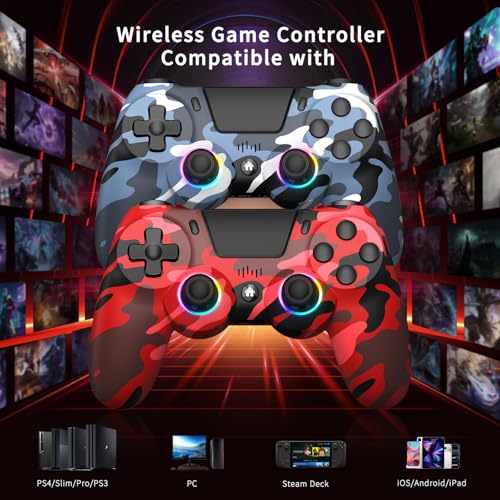 2 Pack Wireless Controller for PS4, Game Remote Controller Compatible with PS4/Slim/Pro/PC, Programmable, RGB Light, 1000mAh Battery, Dual Vibration, 6-Axis Gyro, Share, Touch Pad,Speaker&Audio Jack - color: Camo Red&Blue