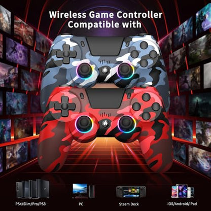 2 Pack Wireless Controller for PS4, Game Remote Controller Compatible with PS4/Slim/Pro/PC, Programmable, RGB Light, 1000mAh Battery, Dual Vibration, 6-Axis Gyro, Share, Touch Pad,Speaker&Audio Jack - color: Camo Red&Blue