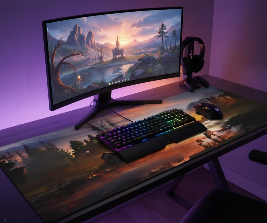 XXL Gaming Mouse Pad 35.4x15.7 inch, Autumn Forest Stream Landscape Theme Desk Mat,Large Waterwheel Deer Rainbow Scene Mousepad (Autumn Wooden House Deer) - color: autumn wooden house deer
