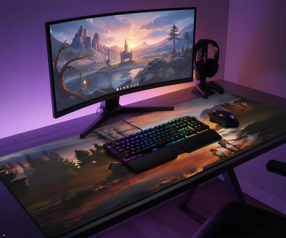 XXL Gaming Mouse Pad 35.4x15.7 inch, Autumn Forest Stream Landscape Theme Desk Mat,Large Waterwheel Deer Rainbow Scene Mousepad (Autumn Wooden House Deer) - color: autumn wooden house deer