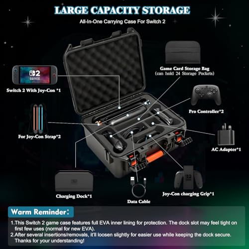 FACFUEL Switch 2 Case, All-In-One Carrying Case for Nintendo Switch 2 System (2025), Waterproof Hard Shell Travel Organizer Box with EVA Lining, Holds Console, Dock, Pro Controller and Accessories