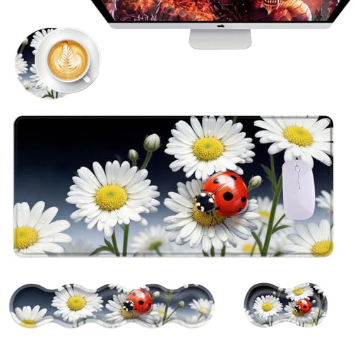 Mouse Pad,Large Desk Mat Set, 4in1 XL Mousepad + Keyboard Wrist Rest+Mouse Wrist Rest+Coaster with Ergonomic Desk Pad for Home Office Table Computer Cover -Ladybug on Daisy Flower - color: Ladybug on Daisy Flower