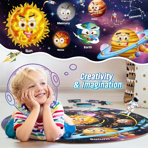 SYNARRY Solar System Floor Puzzles for Kids Ages 4-8, Large 70 Piece Jigsaw Puzzles for Kids Ages 4-6, Space Planet Astronaut Toys Puzzles, Preschool Learning Toys, Easter Basket Stuffers for Boy Girl - style: Solar System