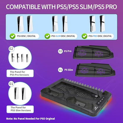Cooling Station for Ps5/Slim/Pro Disc & Digital Playstation 5 Vertical Stand Organizer with Dual Controller Charger,16 Game Slots,7 Rgb,3 Level Cooler Fan,3 Usb Ports,Headset & Remote Holder - color: Transparent Black