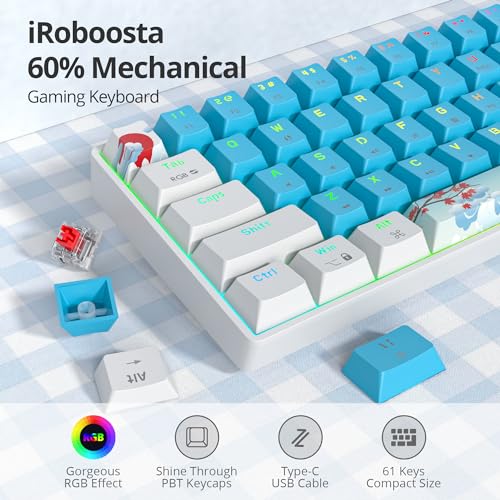 Blue and White Mechanical Gaming Keyboard 60%, 61 Keys Small Wired RGB Keyboard with PBT Keycaps, Anti-Ghosting for Game/Office - color: 61 Blue/Red Switch
