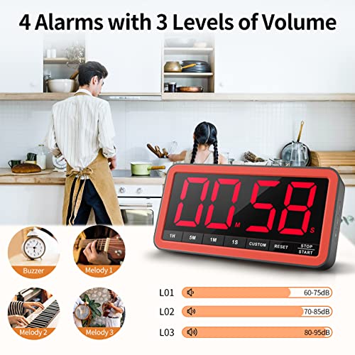 Large 7.8" Digital Timer, Magnetic LED Timer for Kitchen & Classroom | USB-C Rechargeable, Up to 99 Hours Count Up & Countdown Timer with 3 Brightness Levels, 4 Alert Modes and 3 Volume Levels - color: Black Red
