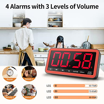 Large 7.8" Digital Timer, Magnetic LED Timer for Kitchen & Classroom | USB-C Rechargeable, Up to 99 Hours Count Up & Countdown Timer with 3 Brightness Levels, 4 Alert Modes and 3 Volume Levels - color: Black Red