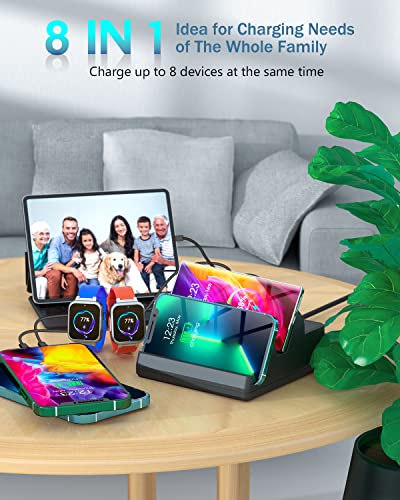 Wireless Charging Station with 6 USB Ports, 8 in 1 15W Dual Wireless Charger Station, 2 QC/2 PD USB Fast Charging Station, 80W Phone Charger for iPhone14/13/12/11/X/Samsung/Android/iWatch