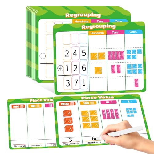 12 PCS Place Value Chart Dry Erase Flash Cards, Addition and Subtraction Learning Math Games for Kids, Base Ten Board Math Manipulatives 1st 2nd 3rd Grade Teacher Classroom Must Haves
